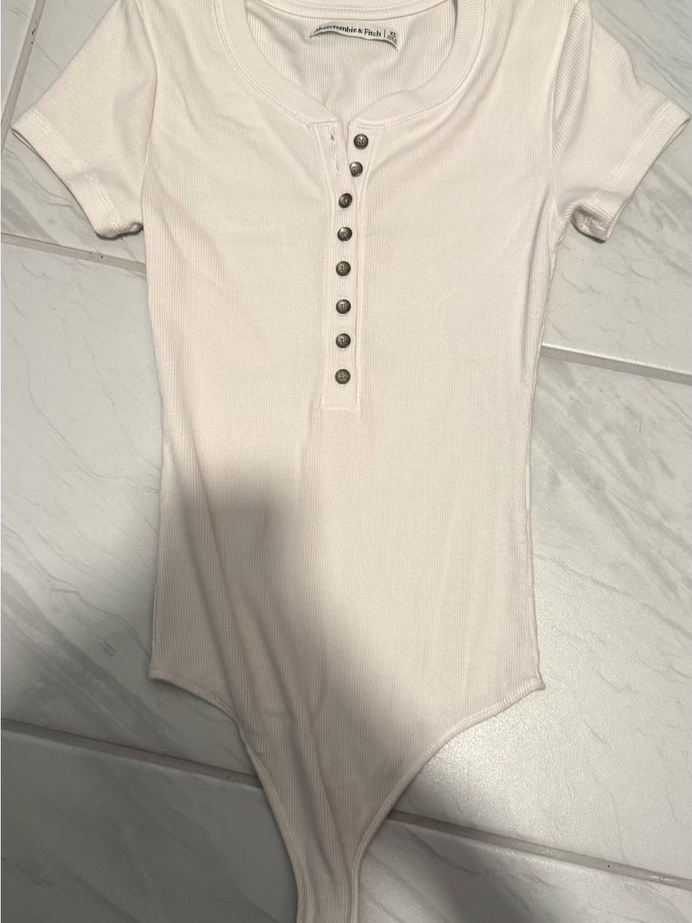 Abercrombie & Fitch Cream Ribbed Henley Short Sleeve Bodysuit